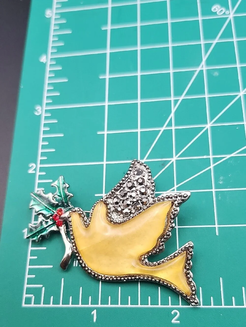 Yellow Dove Holiday Brooch with Green Holly Accent